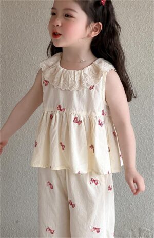 y1488 - Lotus Collar Ribbon Long Pant Set - 图片 4
