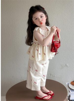 y1488 - Lotus Collar Ribbon Long Pant Set - 图片 3
