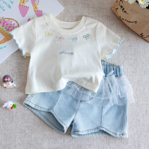 y1484 - 4 Color Ribbon Shirt Lace Short Pants Set - 图片 1