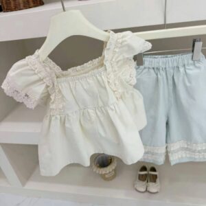 y1485 - Rose Lace Shirt Blue Pants Set - 图片 4