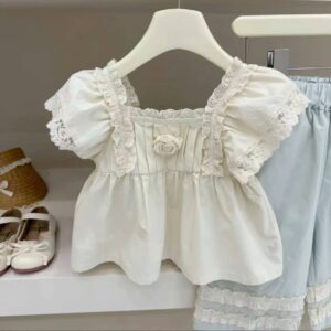 y1485 - Rose Lace Shirt Blue Pants Set - 图片 5