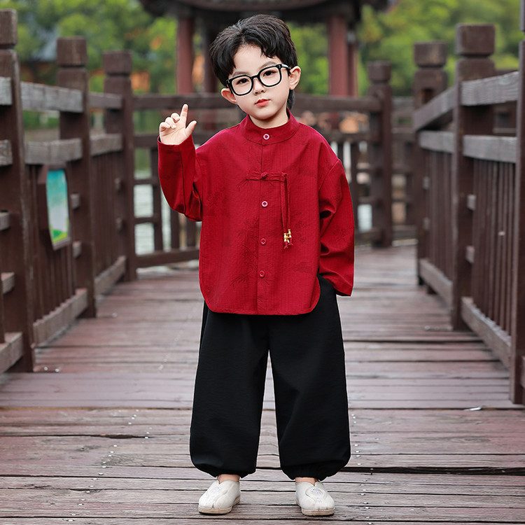 y1545 - CNY Red Bamboo Long Sleeves Cheongsam Suit - 图片 1