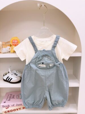 y1695 - Cute Whale Pocket Overall Set - 图片 1