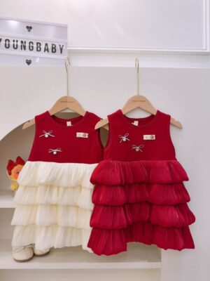 y1809 - Silver Ribbon Red Tiered Dress - 图片 1