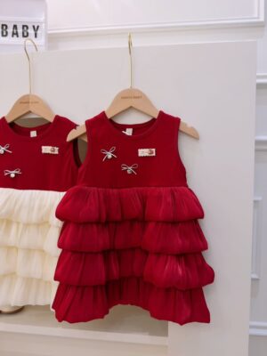 y1809 - Silver Ribbon Red Tiered Dress - 图片 4