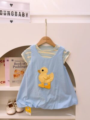 y1825 - Stripe T-shirt Duck Overall Dress Set - 图片 1