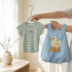 y1825 - Stripe T-shirt Duck Overall Dress Set - 图片 3