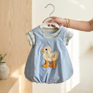 y1825 - Stripe T-shirt Duck Overall Dress Set - 图片 4